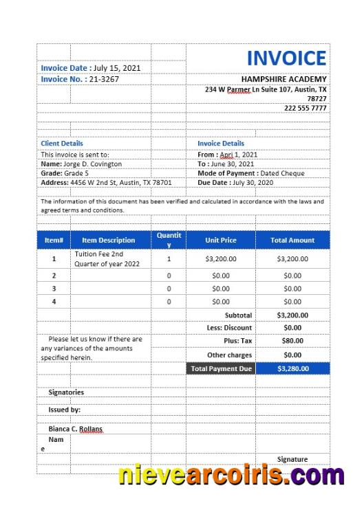 School Tuition Invoice